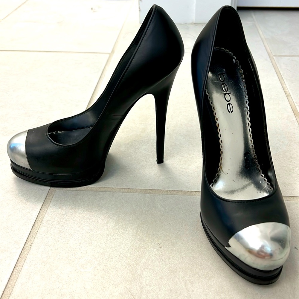 Bebe black platform stiletto heel shoes with silver toe, size 6, LIKE NEW